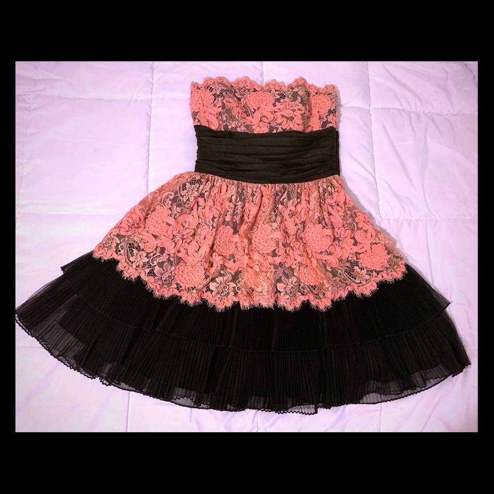 Betsey Johnson coral and black strapless dress